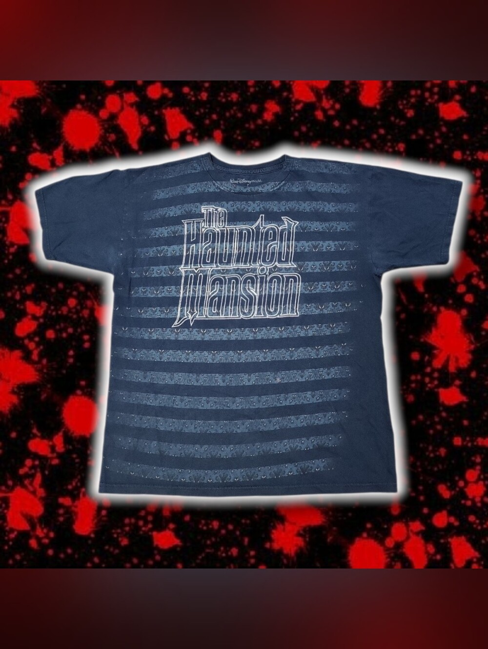 Y2K 2008 Haunted Mansion Disneyworld Navy Blue Striped Wallpaper Shirt Halloween